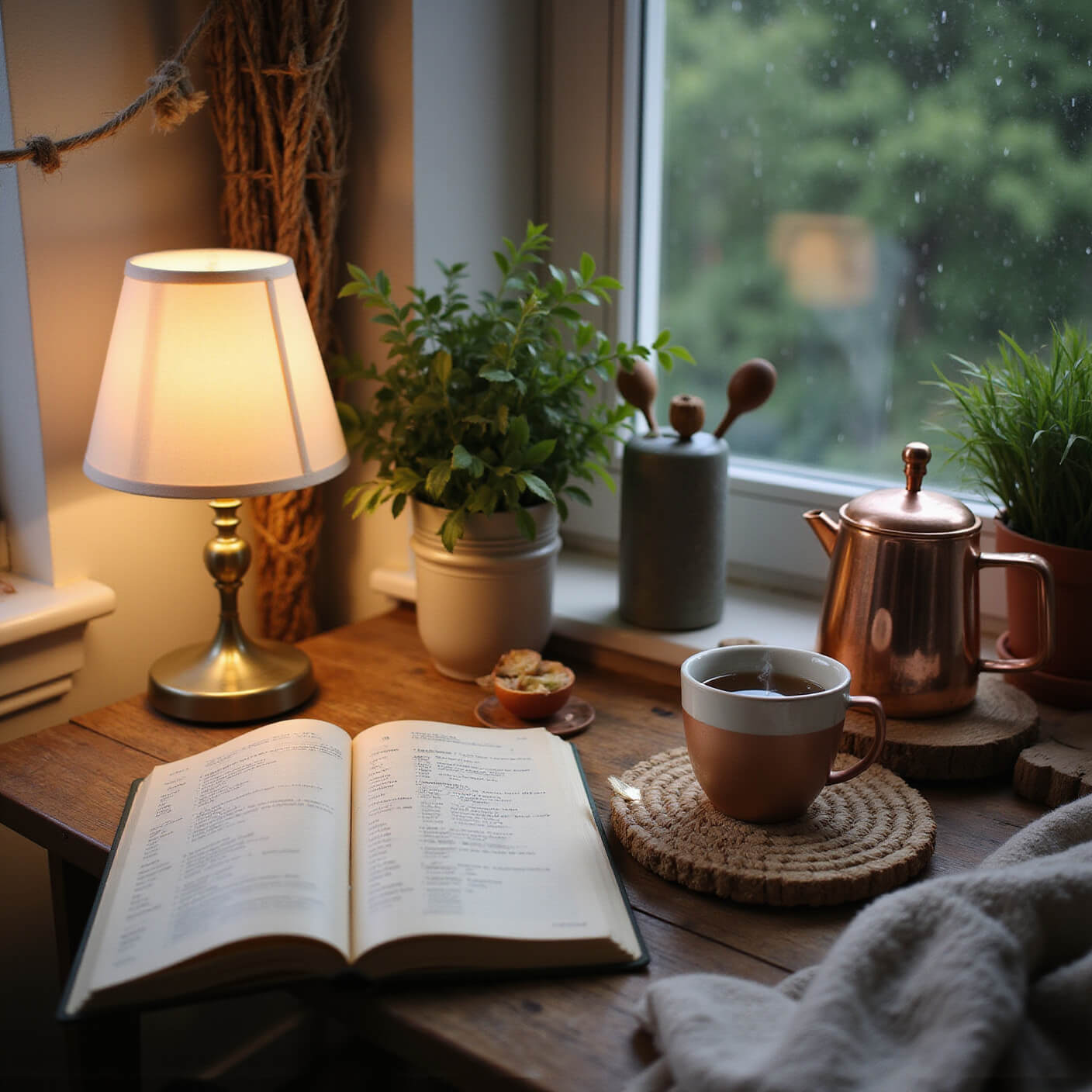 A cozy living room nook with a steaming copper tea kettle, a ceramic mug of detox tea, an open wellness journal, hanging dried herbs, and warm lamp light against rainy windows.