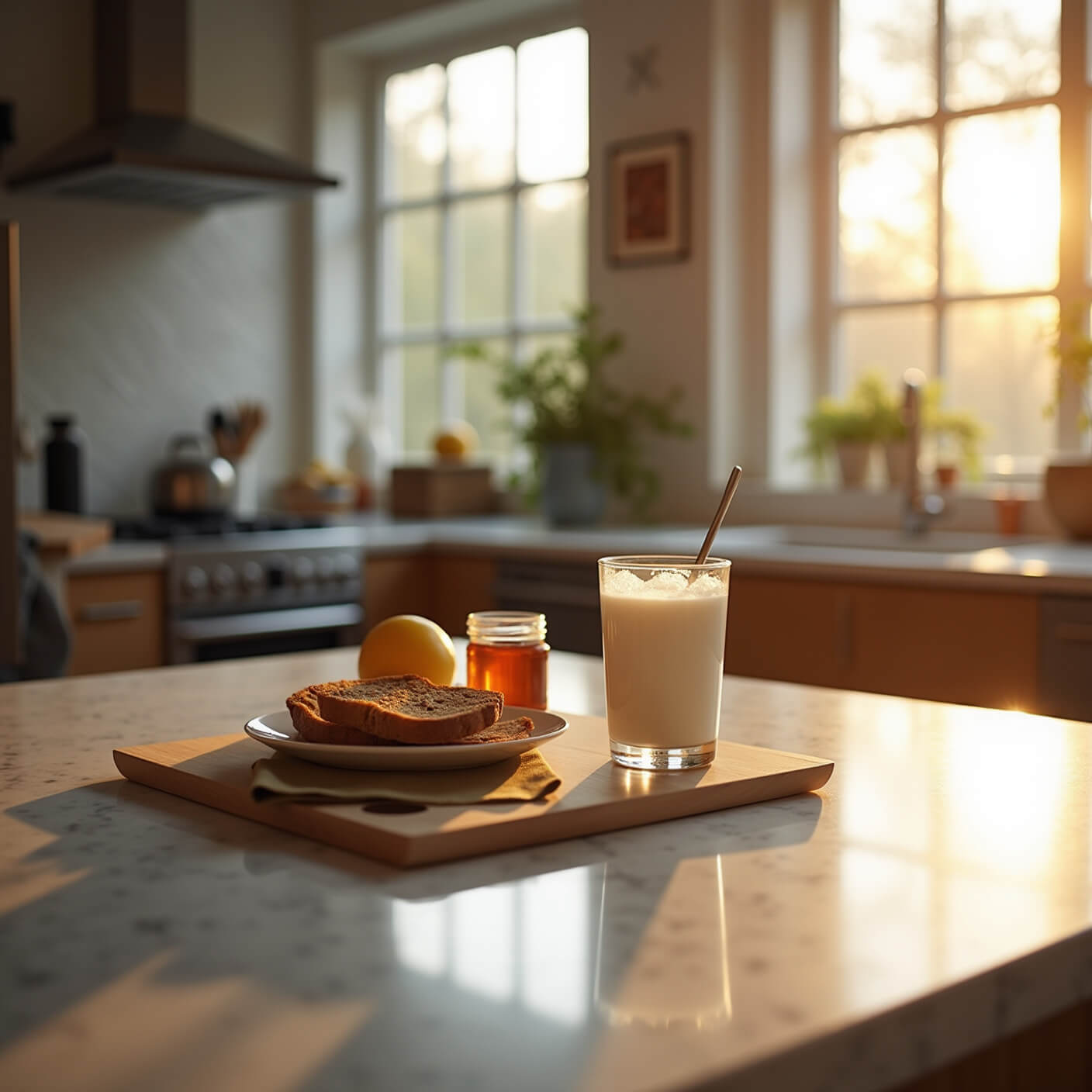 Modern kitchen at sunrise with marble countertop displaying milk, fruits, toast, and honey; yoga mat and water bottle in background; soft natural light with slight bokeh.