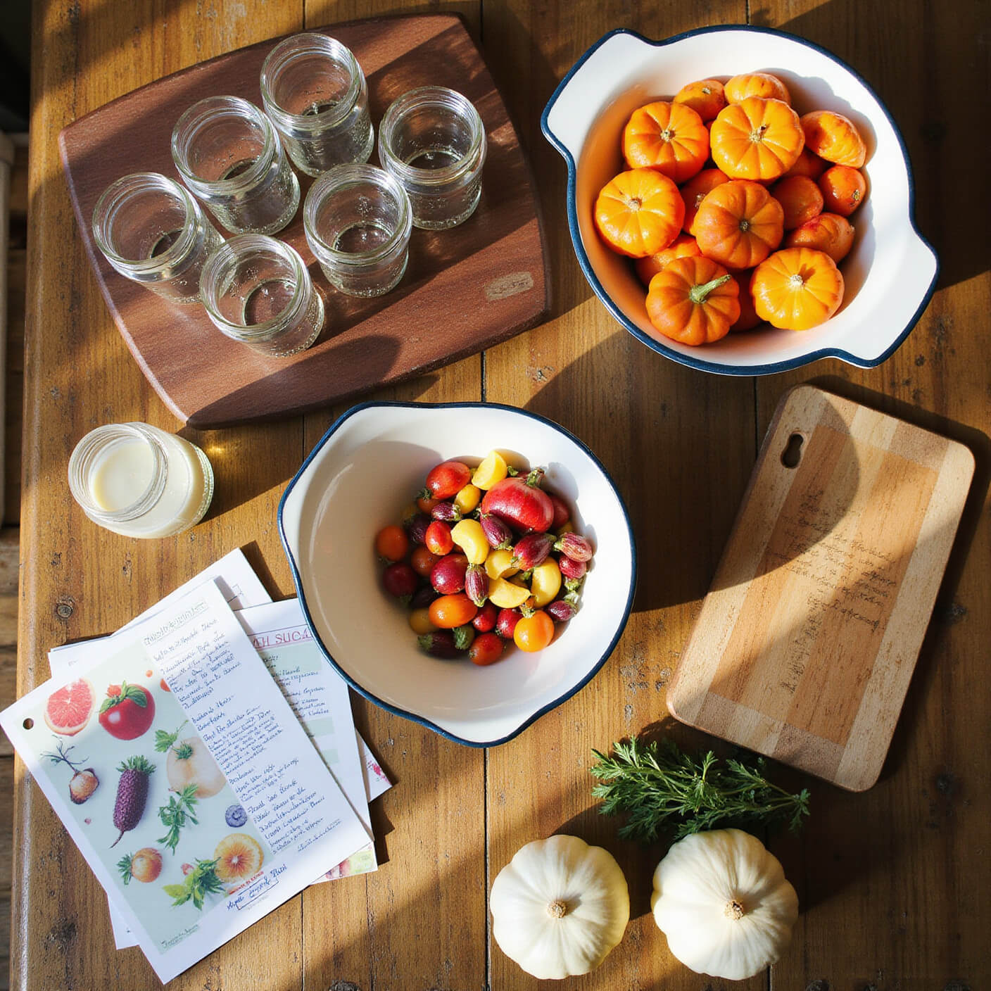 Sunlit rustic table with colorful seasonal vegetables in vintage colanders, mason jars, a cutting board, and handwritten recipe cards, illuminated by natural light.