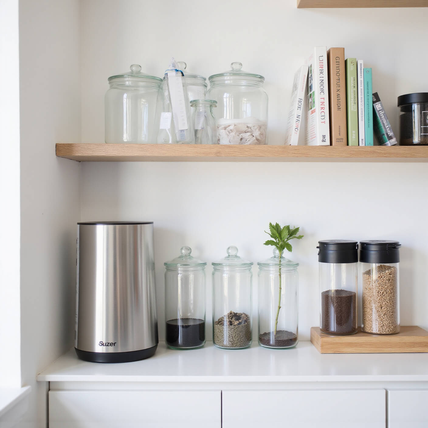 Minimalist wellness station with a water filter, glass jars of detox ingredients, hydration tracker, and modern shelving in clean afternoon light.