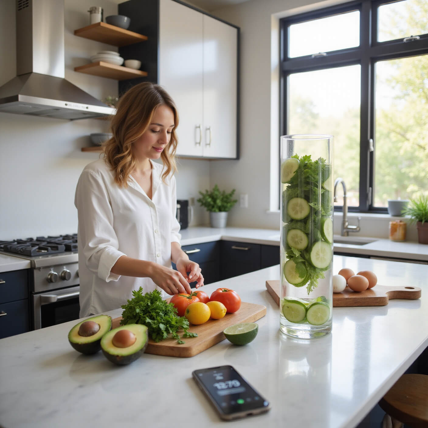 Person preparing first meal after fasting in a bright, modern kitchen with sunlight, fresh ingredients on a marble countertop, and a smartphone showing a fasting app timer.