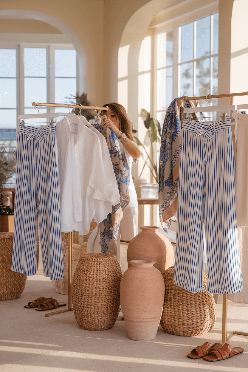 Vacation capsule collection styled in a sunlit resort boutique with striped linen pants, white shirts, silk scarves, leather sandals, woven baskets, and ceramic vases on elegant displays.