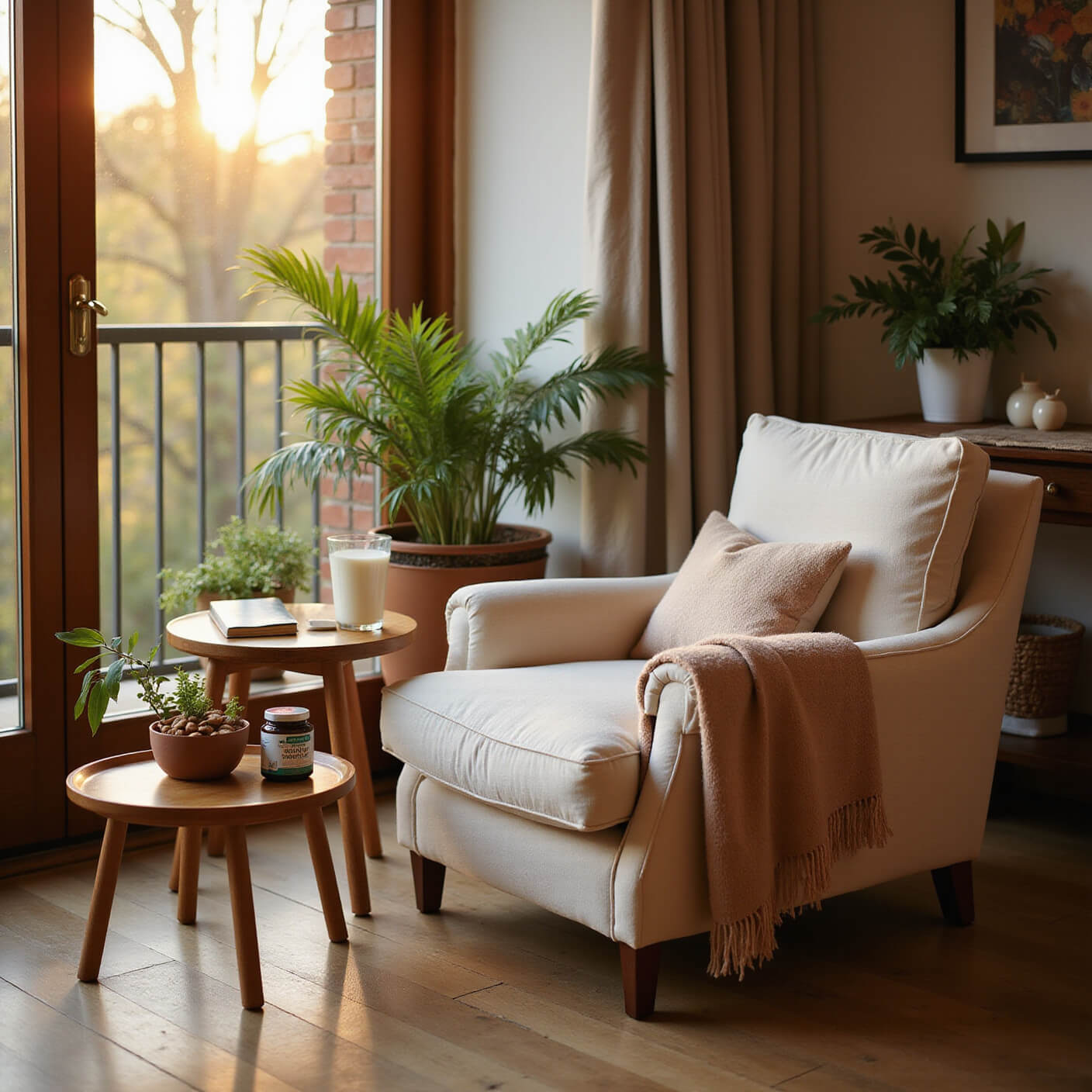 A cozy home wellness corner at golden hour featuring a cream linen armchair, a small wooden table with a nutrition journal, calcium supplements, almonds, and a glass of milk, surrounded by potted plants and bathed in warm amber light.