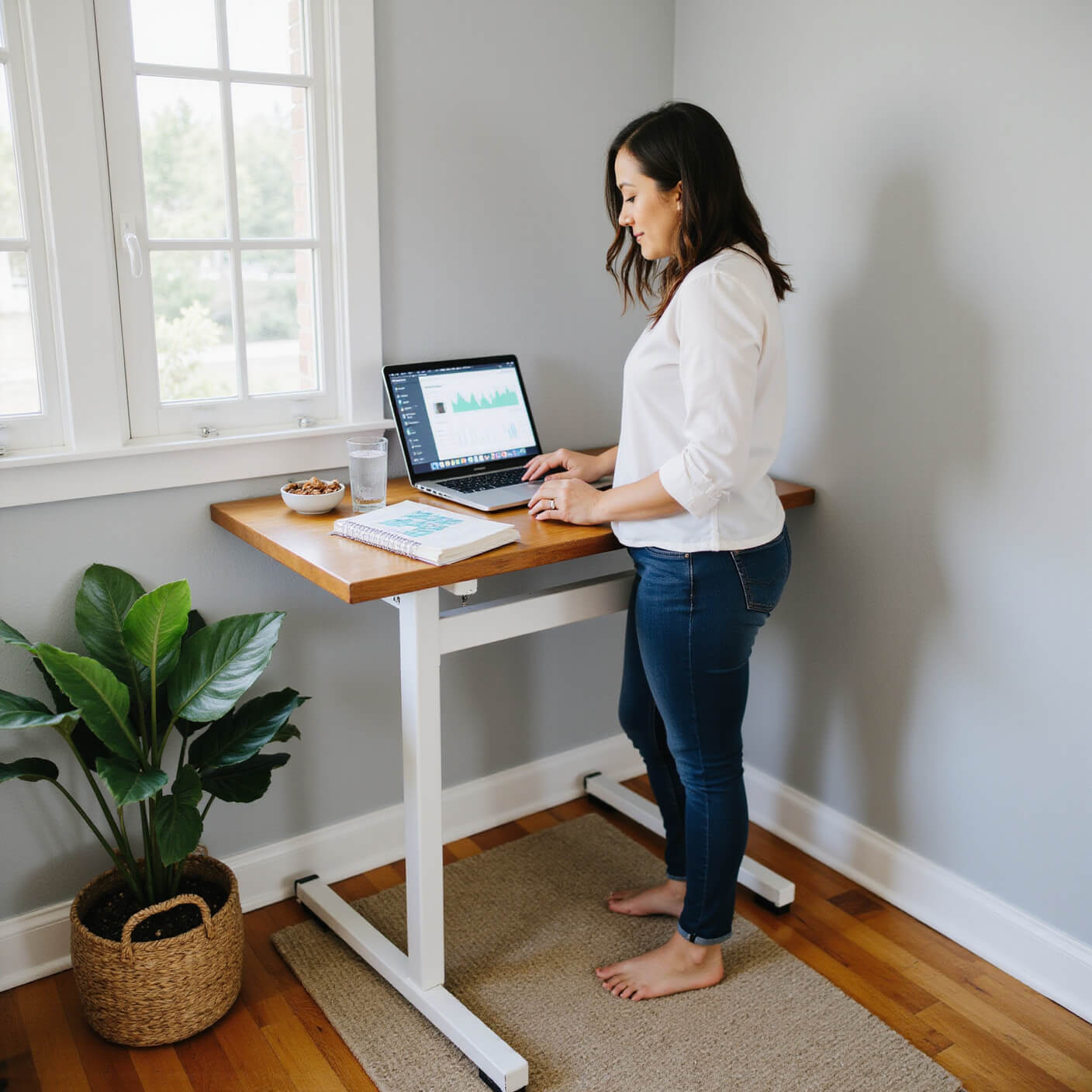 Person in smart casual attire working at a standing desk in a bright, cozy home office with wellness items, fiddle leaf fig plant, and health dashboard on laptop.