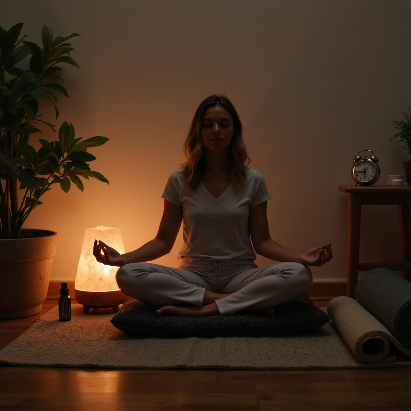 Person sitting on meditation cushion in cozy corner at dawn, surrounded by a salt lamp, diffuser, plants, and wellness items, with soft ambient lighting.