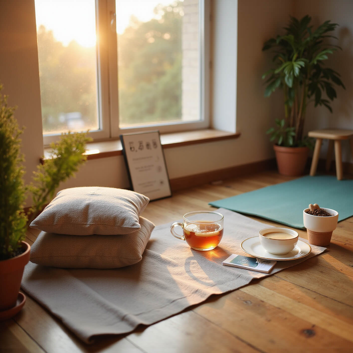 Cozy meditation space at golden hour with yoga mat, cushion, herbal tea setup, mindfulness journal, HRV monitor showing lower stress, and plants in warm natural light.