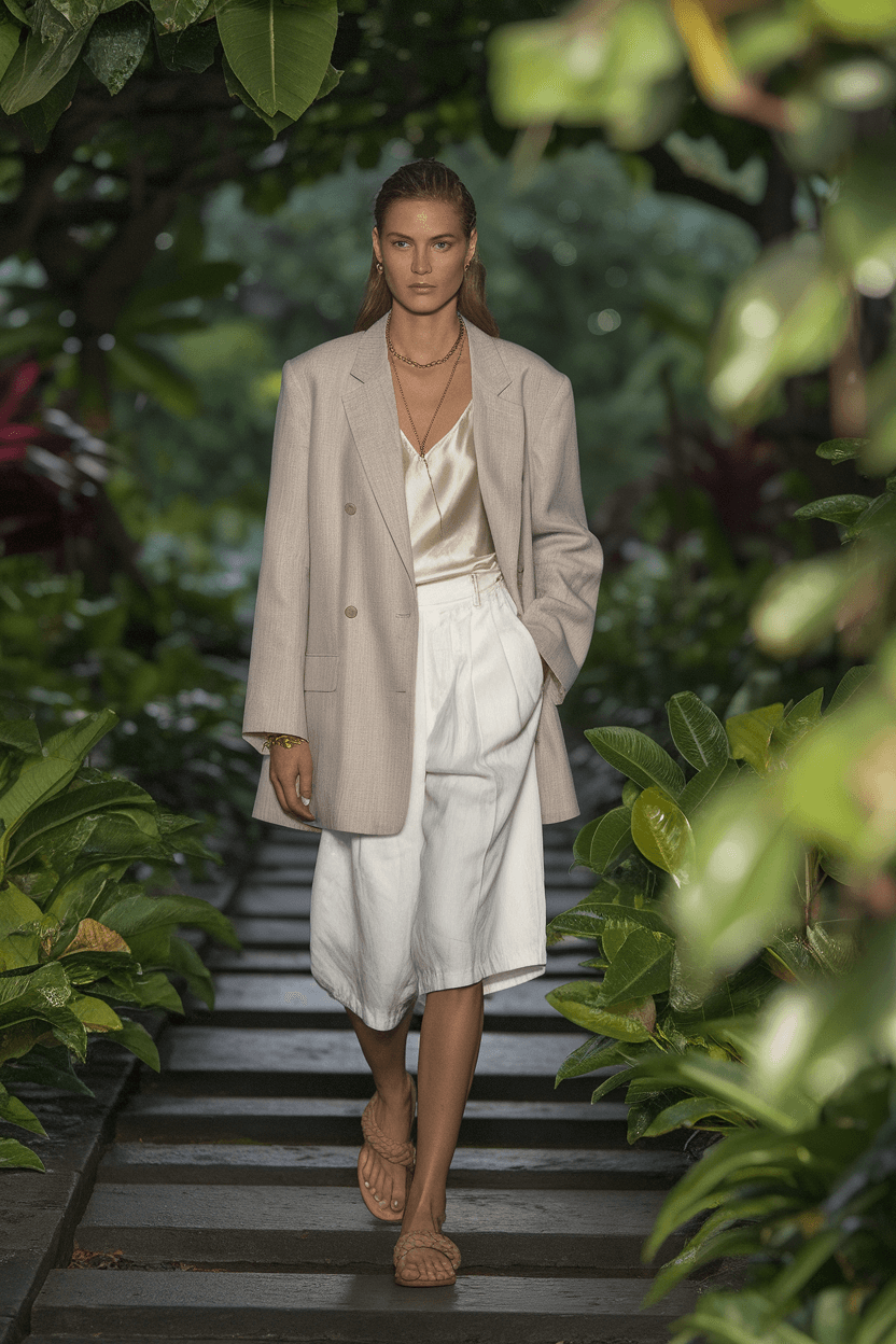 Woman walking through lush tropical garden in beige linen blazer, white shorts, and leather sandals, framed by dewy greenery with soft bokeh background.