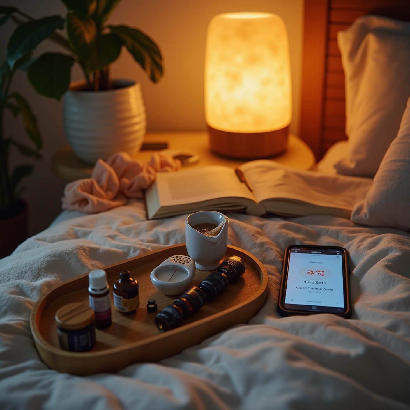 Cozy evening wind-down setup with herbal tea, sleep monitor, caffeine journal, salt lamp, essential oils, and calming neutral linens at sunset.
