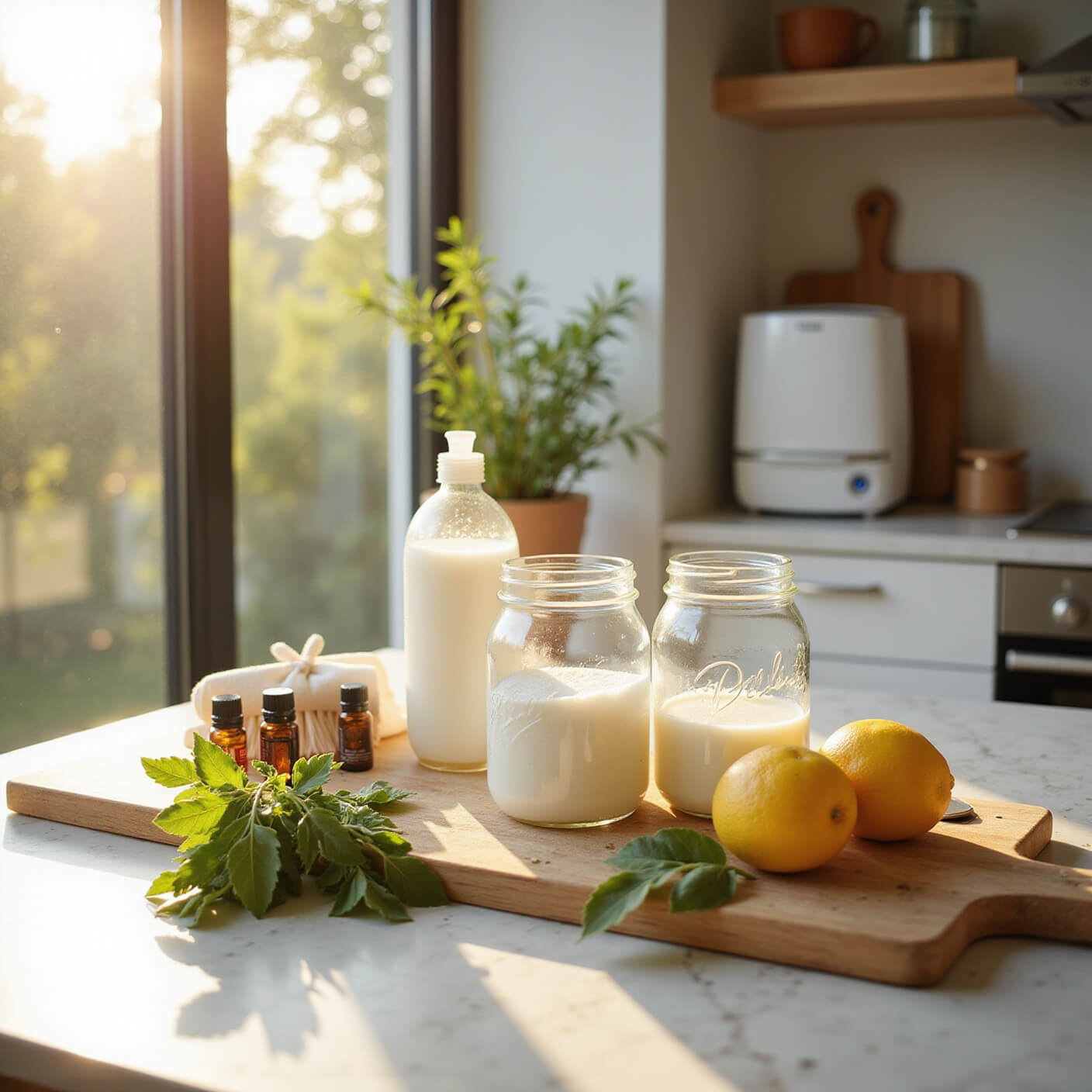Sunlit modern kitchen with natural cleaning supplies on marble countertop, including mason jars, lemons, herbs, bamboo brushes, and a homemade cleaner spray bottle, with a HEPA air purifier in the background.