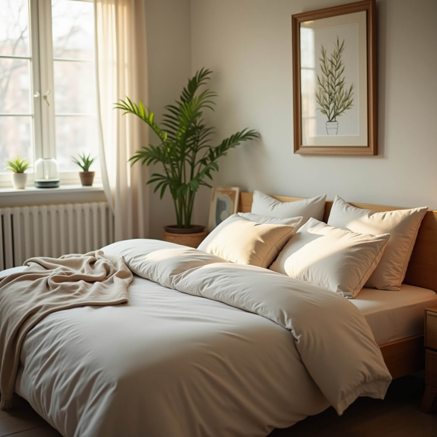 Serene bedroom with non-toxic decor featuring bamboo bedding, low-VOC wooden furniture, air-purifying plants, a glass essential oil diffuser, natural fiber rug, and softly glowing HEPA air purifier, captured with shallow depth of field.
