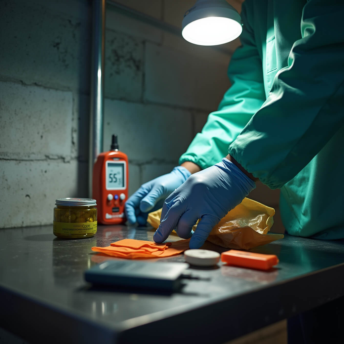 Hands in nitrile gloves using mold test kit near concrete wall in basement, with radon detector, moisture meter, and testing supplies on stainless steel table under dramatic overhead lighting.