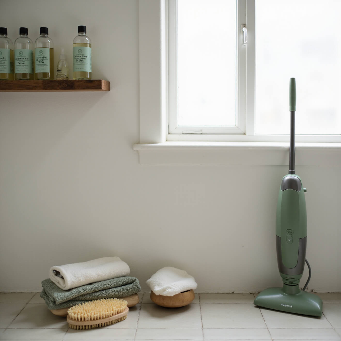 Eco-friendly minimalist bathroom cleaning scene with natural cleaners, steam cleaner on tile, microfiber cloths, and sustainable brushes in soft mid-morning light.