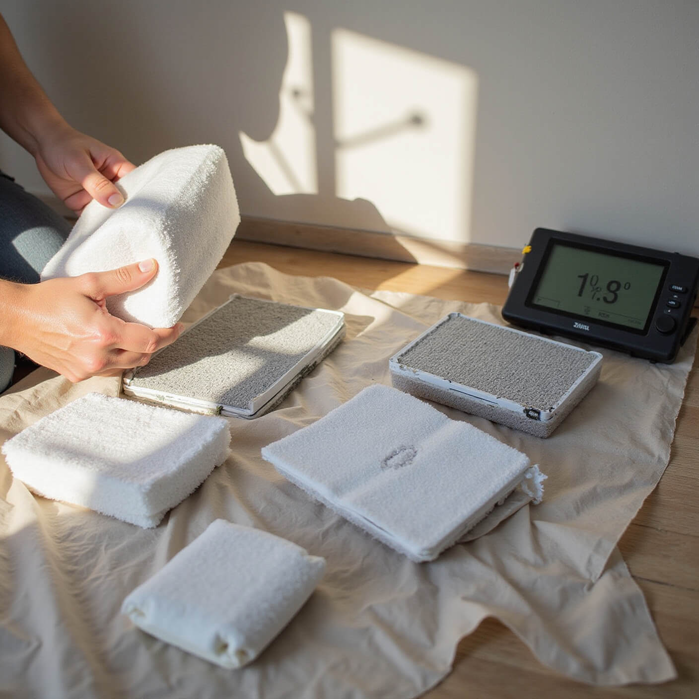 Hands replace HEPA filter in modern home HVAC system; afternoon light casts geometric shadows; nearby air quality monitor shows readings; used and new filters displayed; organized tools on drop cloth; wide-angle view of system.
