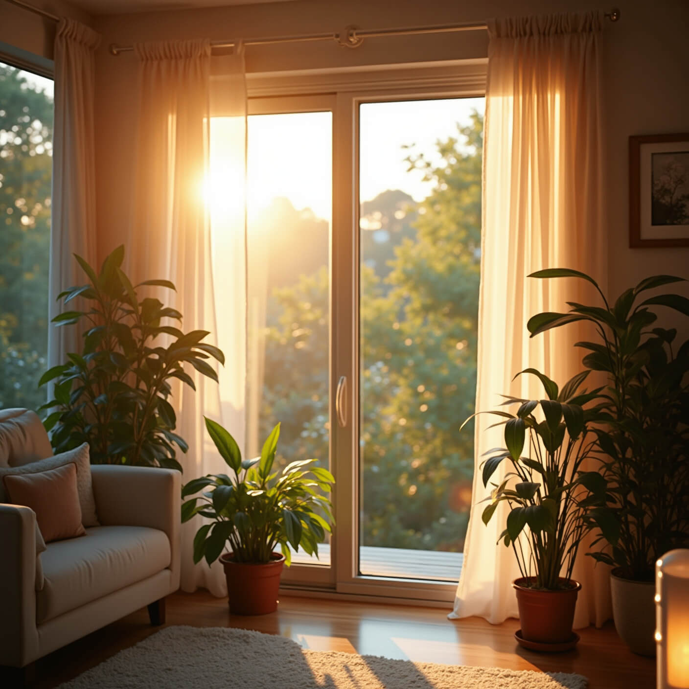 Airy living space during golden hour with open floor-to-ceiling windows, billowing sheer curtains, lush air-purifying plants, a glowing Himalayan salt lamp, visible humidity monitor, and dreamy cross-breeze movement.