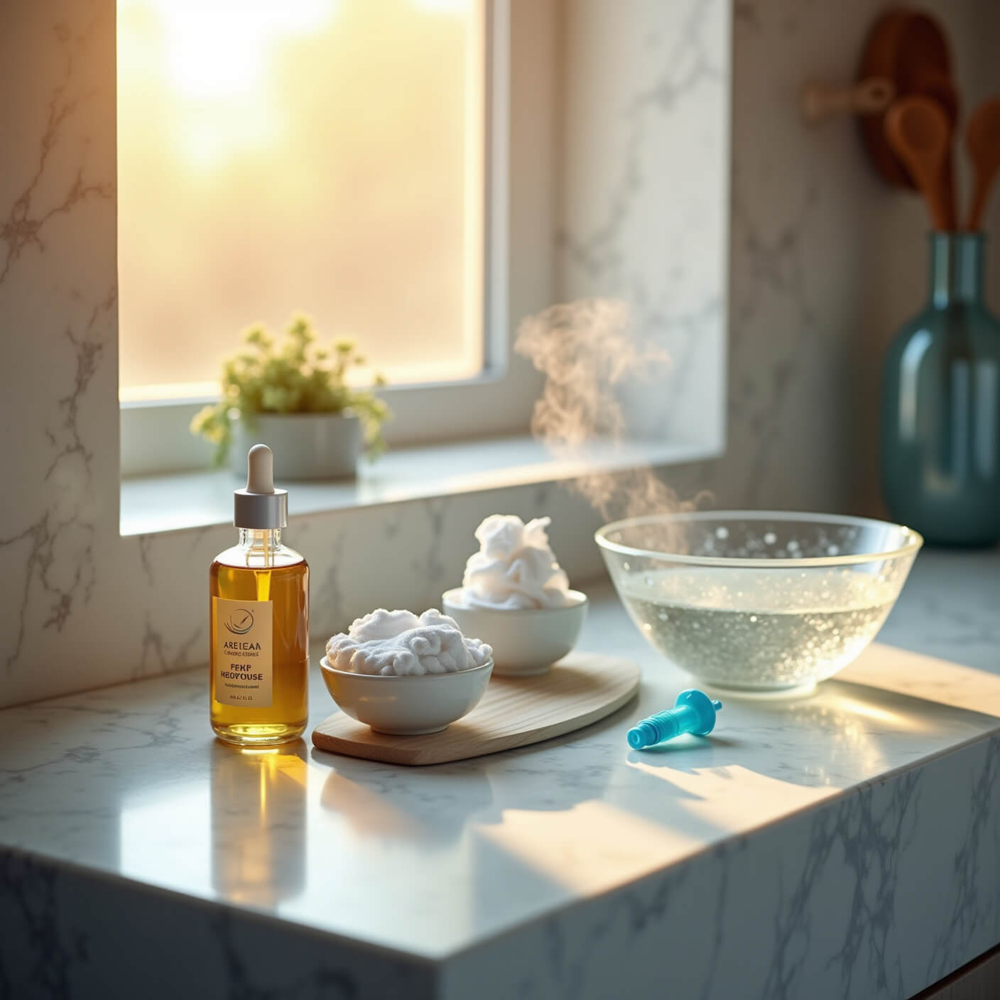 Modern bathroom counter at golden hour with marble surface, ear care supplies neatly arranged including olive oil dropper, hydrogen peroxide dish, cotton towels, blue bulb syringe, and steaming water bowl.