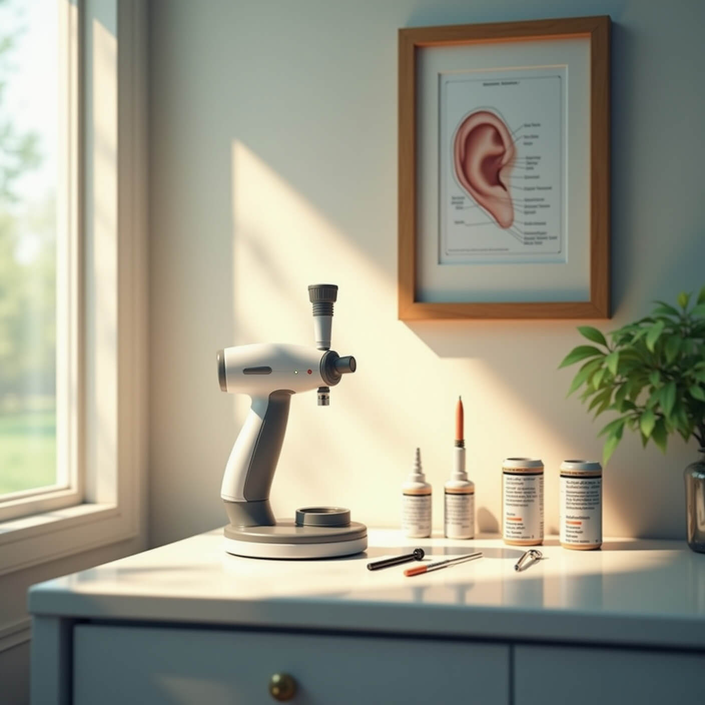 Home medical station bathed in soft morning light, showing a wall-mounted otoscope, framed ear anatomy diagram, and neatly organized ear care tools on a clean white counter, with warm focus on safety labels.