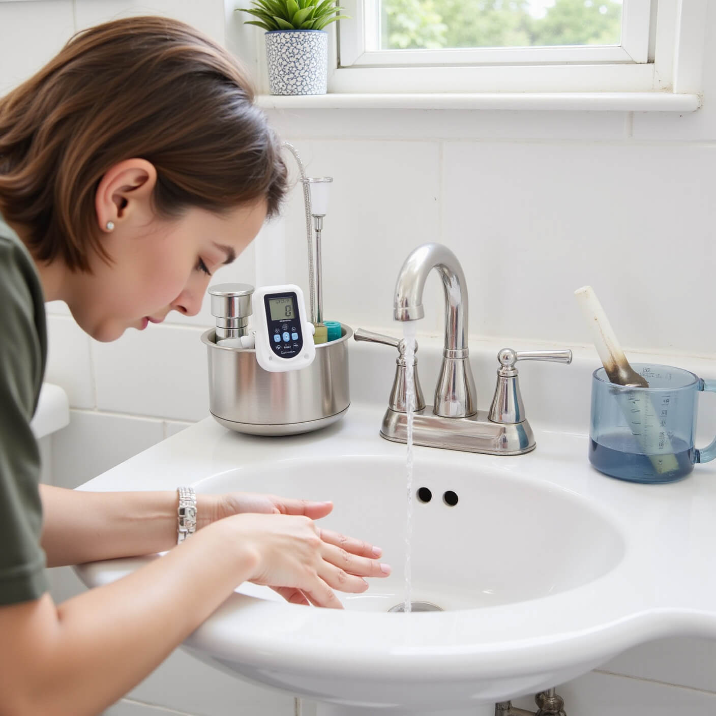 Person demonstrating correct ear irrigation technique over white porcelain sink using professional water irrigation system, with thermometer and measuring tools visible in clean, well-lit bathroom.