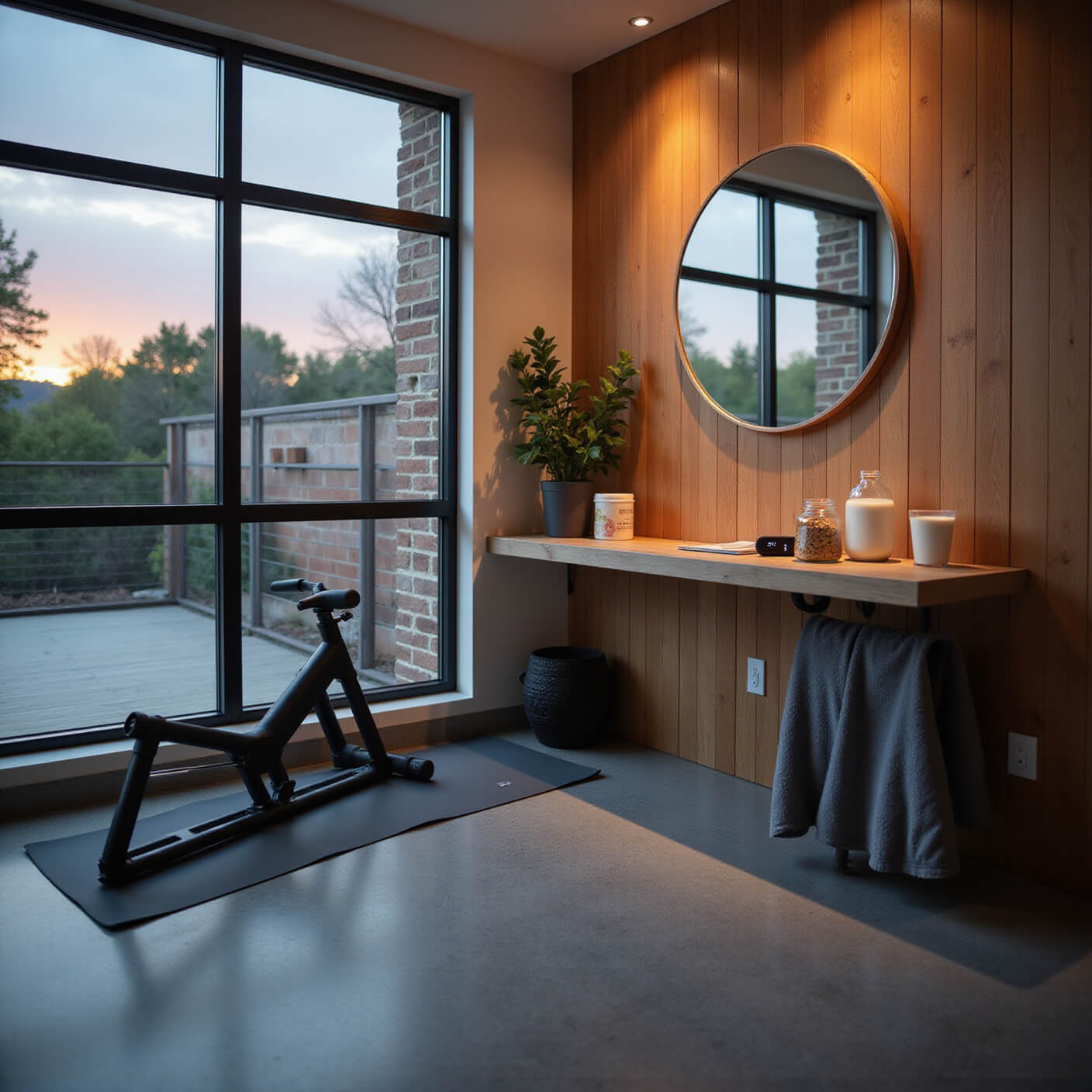 Wellness-focused home gym corner at dusk with exercise gear, recovery station, warm wood panels, and evening light reflections.