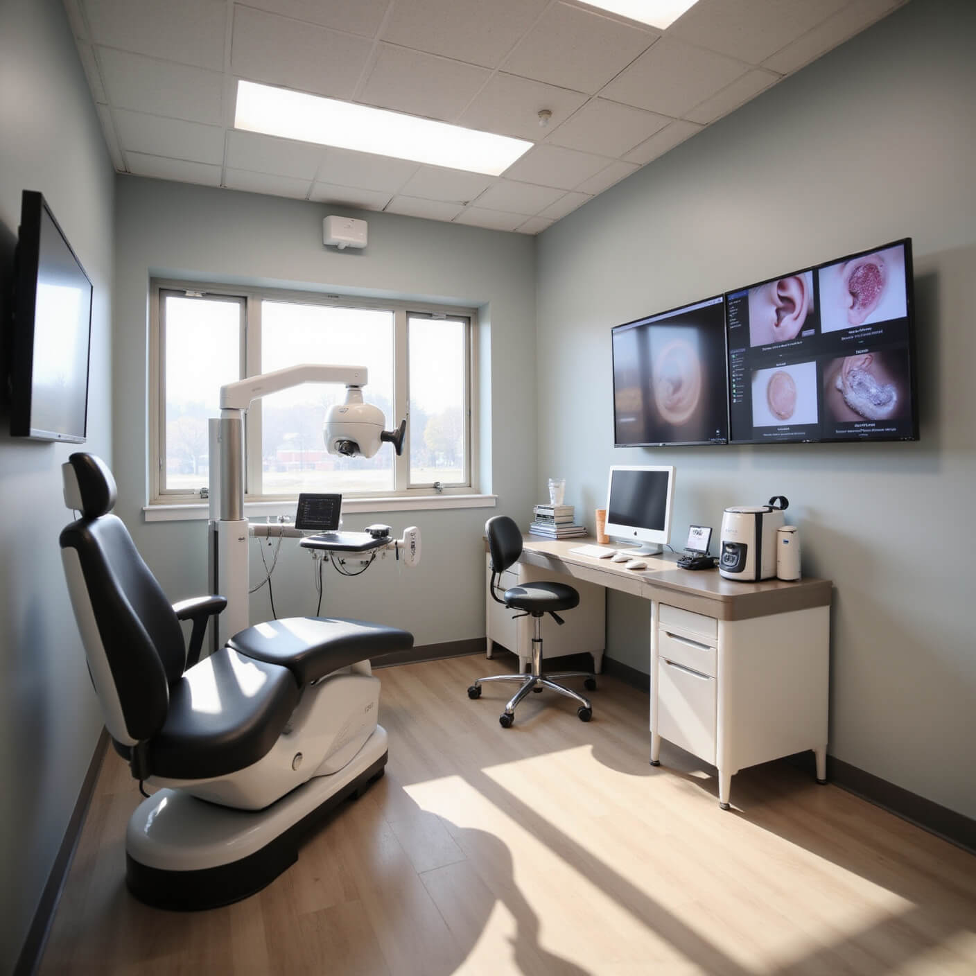 Clinical consultation room with ear examination chair, advanced diagnostic tools, educational ear health displays, and digital screens showing microscopic earwax images, in a bright, clean setting.