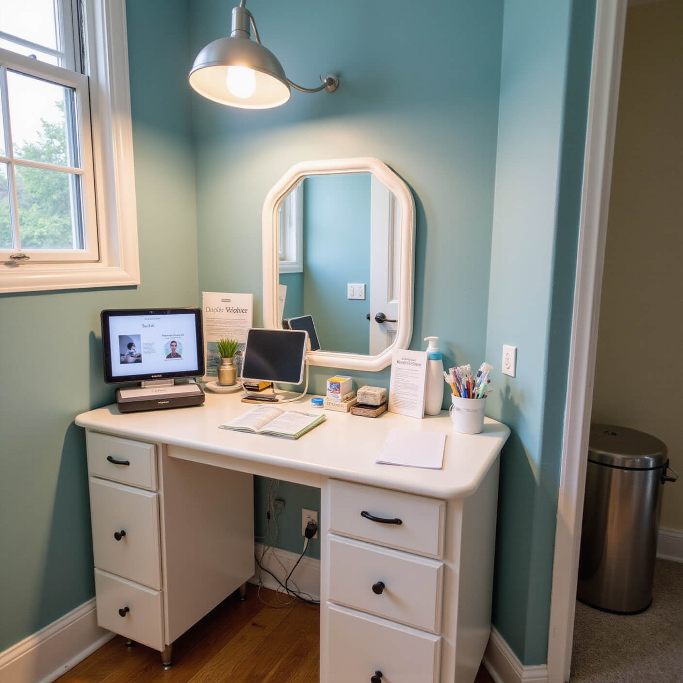 Home wellness corner at dawn with ear care station, lighted mirror, digital ear camera linked to tablet, cleaning tools, educational materials, tracking journal, blue-green tones, and wood accents.
