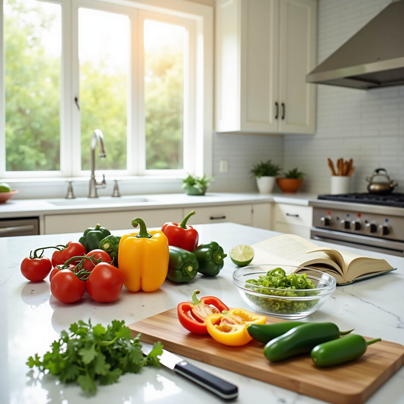 Modern kitchen with marble island featuring sliced jalapeños, colorful peppers, diced ingredients, and a cookbook open to a Mexican recipe.