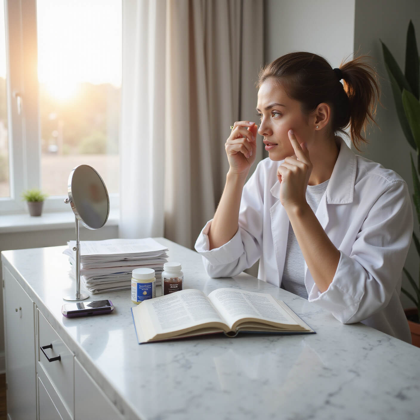 Person examining their eyes for yellowing in a sunlit, modern white bathroom with marble countertops, surrounded by medical books, supplements, and a digital health tracker.