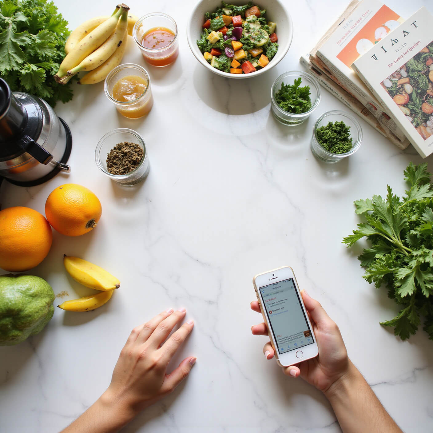 Overhead view of a bright, minimalist kitchen with vibrant organic produce, detox teas, glass containers of colorful ingredients, a juicer, medical books, and a person using a liver health app during meal prep.