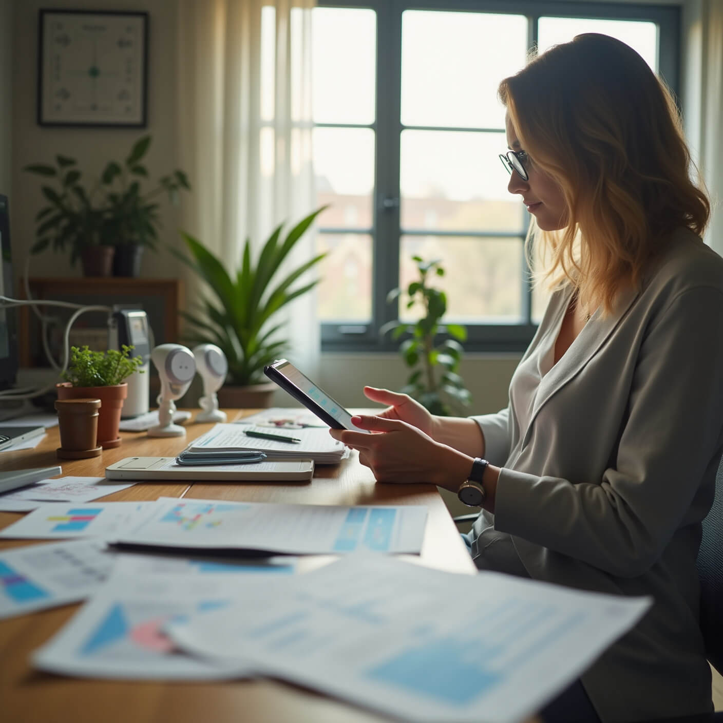 Person reviewing medical test results on papers and tablet in a modern, sunlit home office with ergonomic desk, wellness devices, and scattered medical charts.