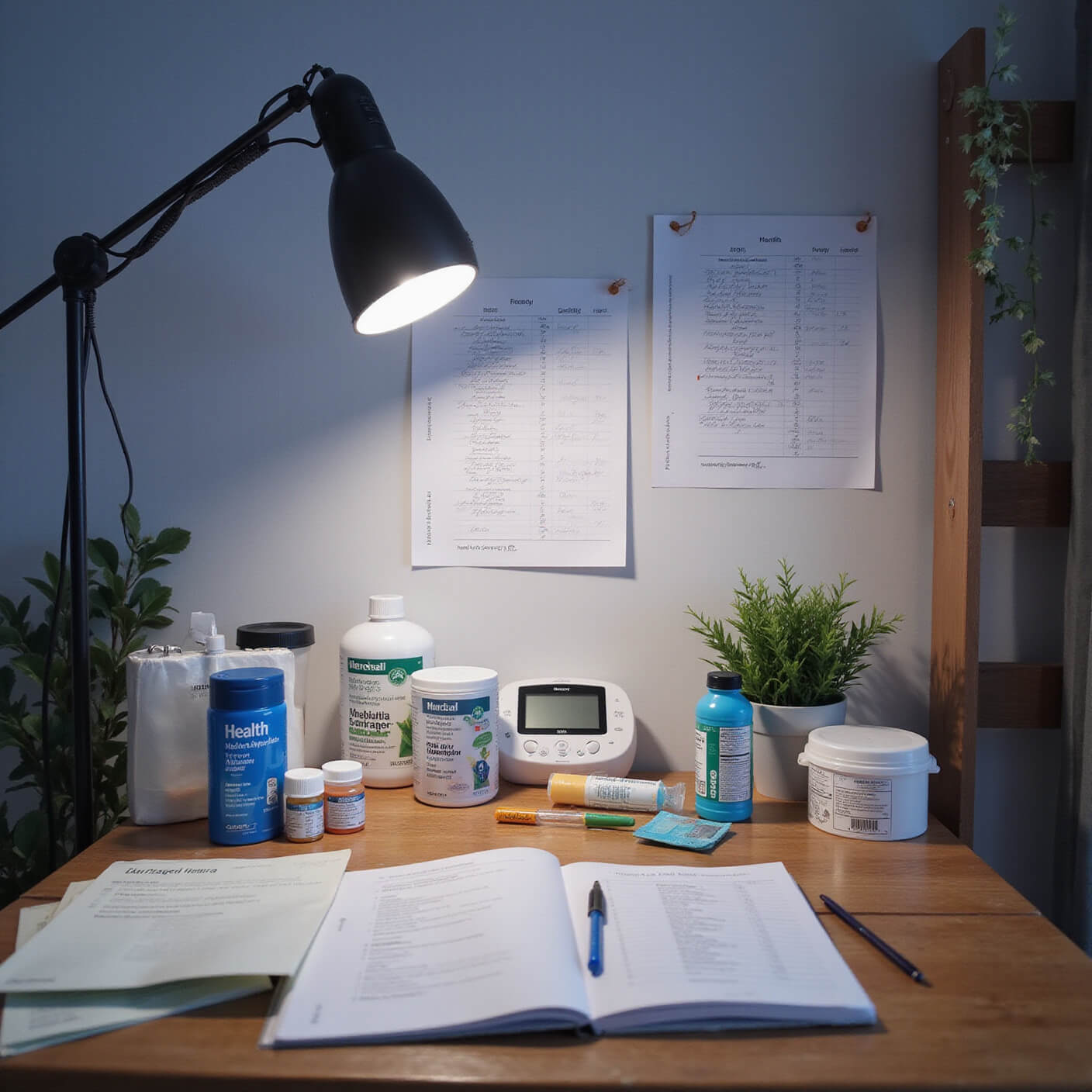 Home health monitoring station at dusk with organized medical supplies, digital devices, tracking journals, and soft lamp lighting, viewed from above.