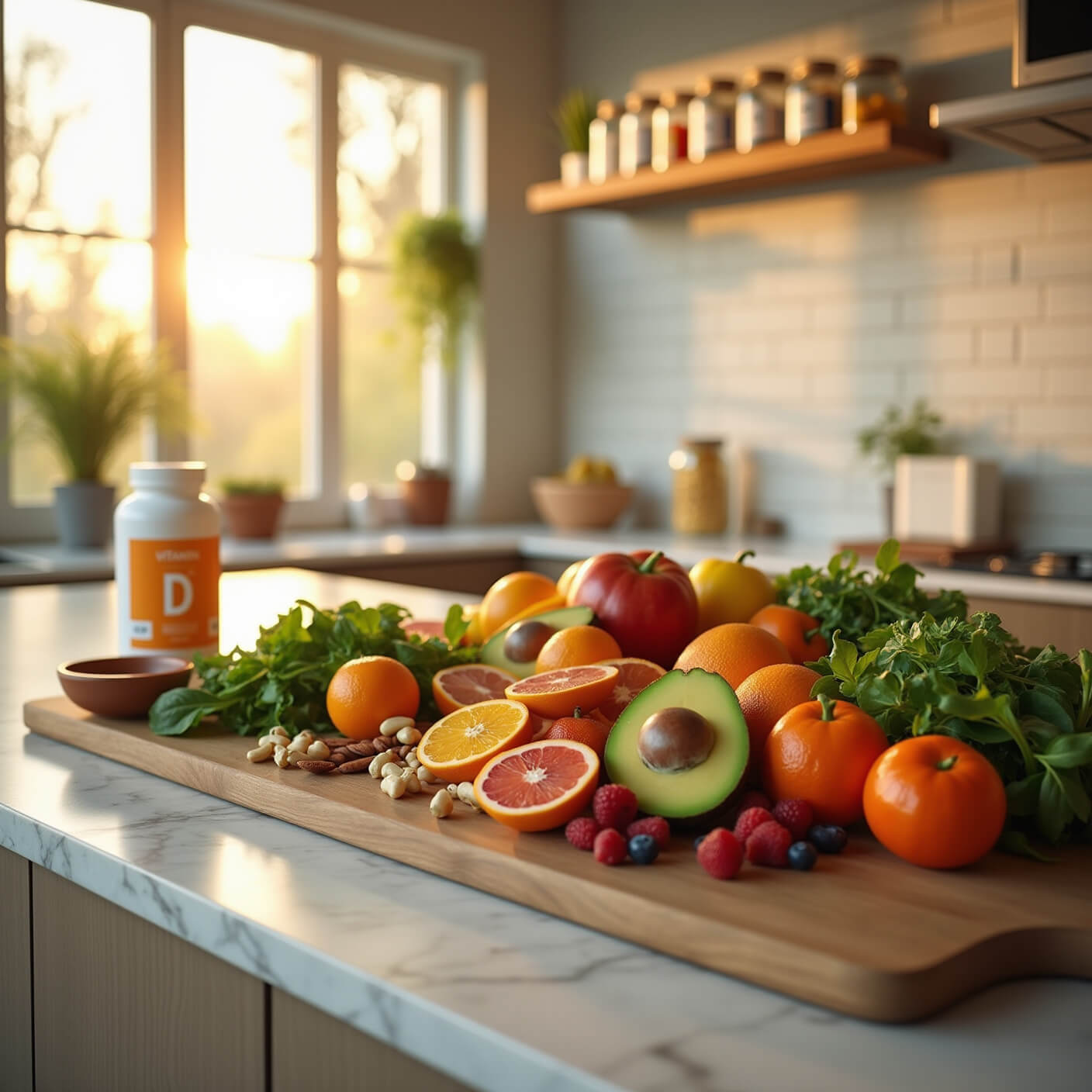 Bright modern kitchen at golden hour with sunlight streaming onto a marble island featuring colorful fruits, greens, nuts, and supplements; a Vitamin D bottle sits near a water pitcher.