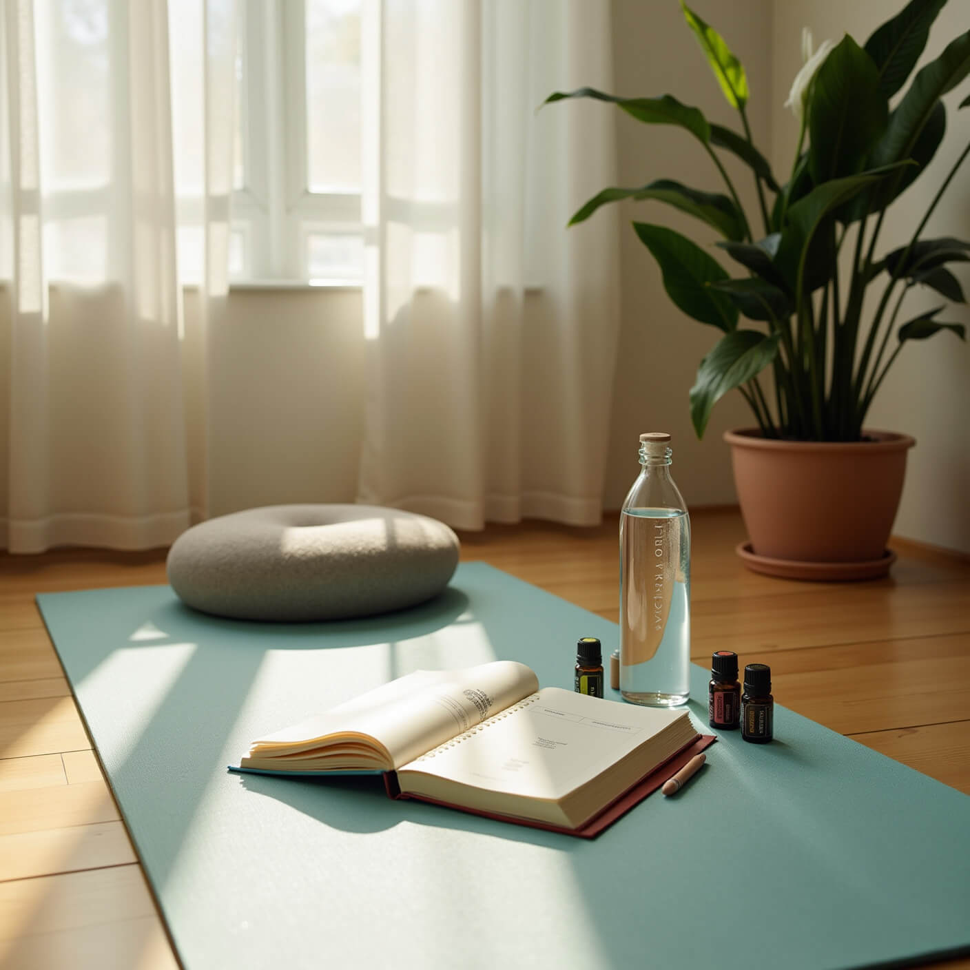 Sunlit home gym corner with yoga mat on bamboo floors, meditation cushion by a large peace lily, essential oil diffuser, open journal, water bottle, and vitamins, bathed in natural light through sheer curtains.