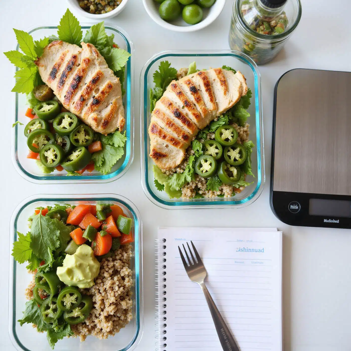 Overhead view of healthy meal prep with glass containers of jalapeño-topped salads and quinoa bowls, fresh pico de gallo, a digital food scale, a meal planning journal, and a time-marked water bottle under natural light.