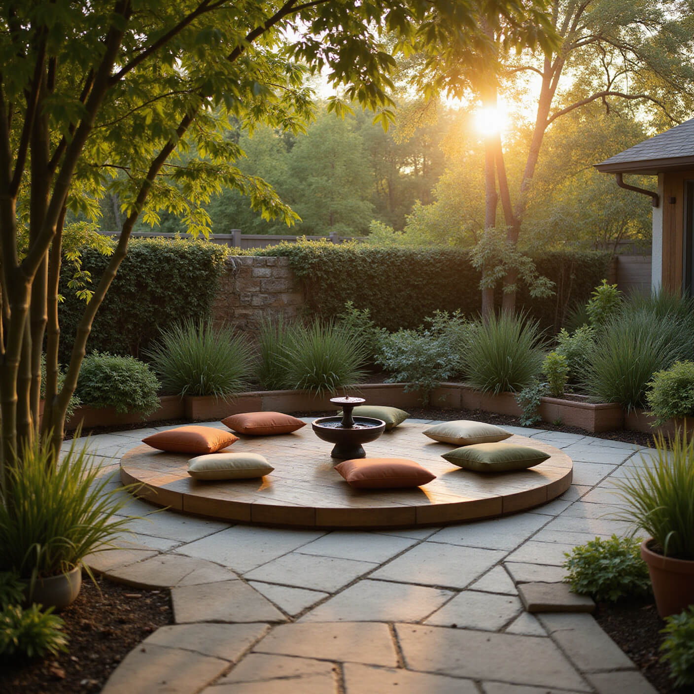 Serene meditation garden at golden hour with cushions on circular wooden platform, surrounded by bamboo, grasses, and a small fountain, with warm light and soft background bokeh.