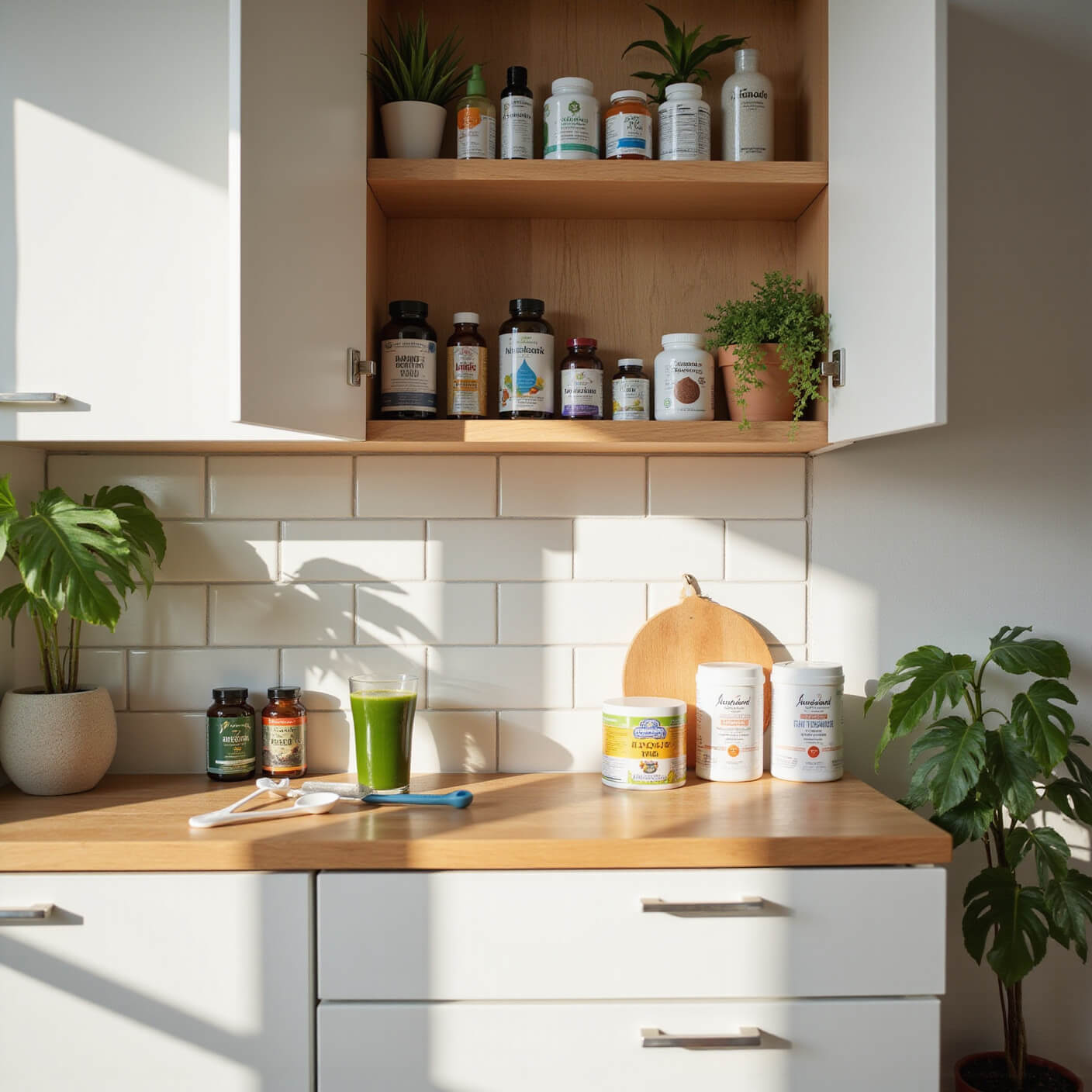 Minimalist bedroom wellness nook featuring a modern medicine cabinet with organized supplements, green juice on the counter, and houseplants, bathed in warm natural light.