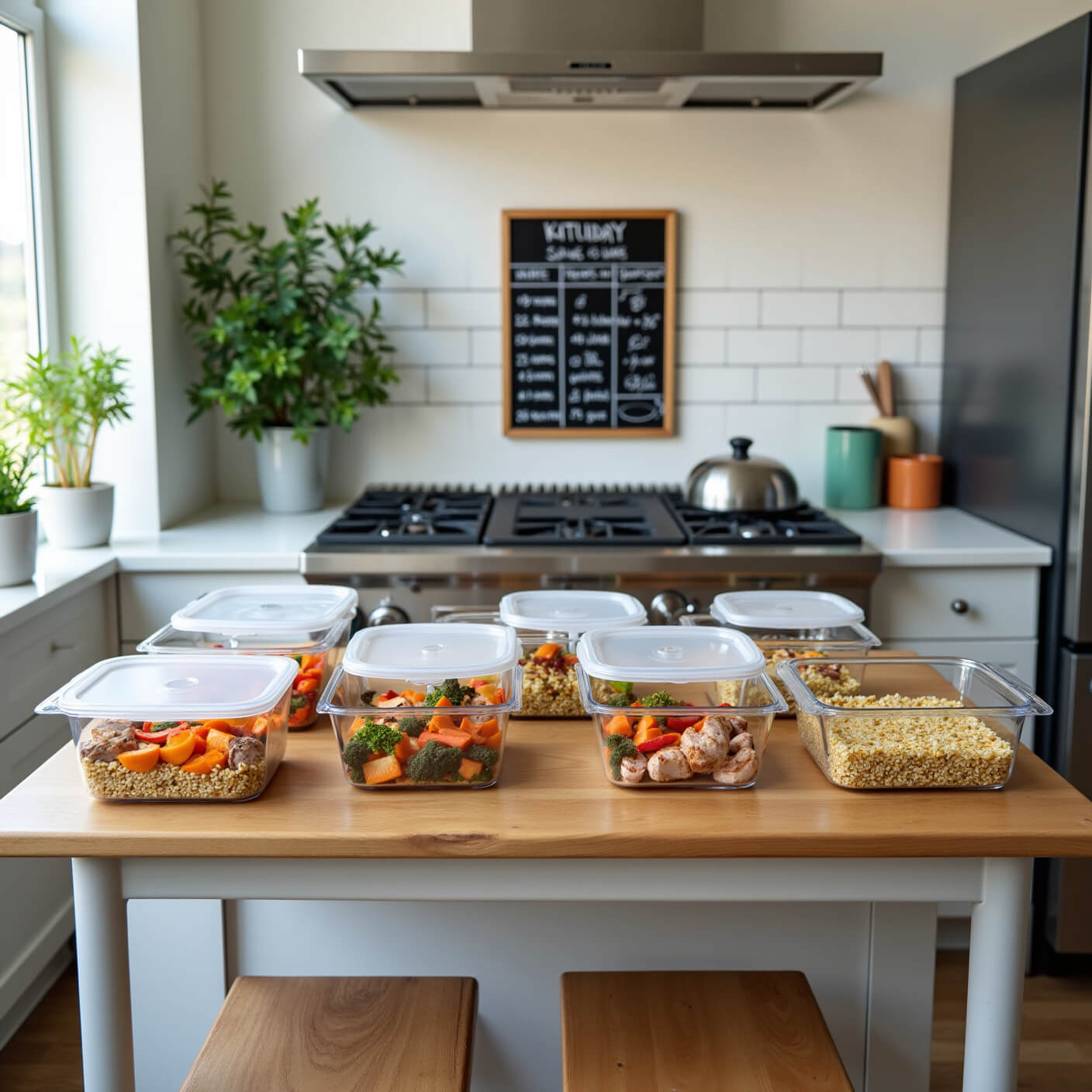 Industrial-modern kitchen with glass meal prep containers filled with quinoa, roasted vegetables, and lean proteins; a handwritten meal plan on a letterboard; stainless steel appliances; and fresh herbs on the windowsill.