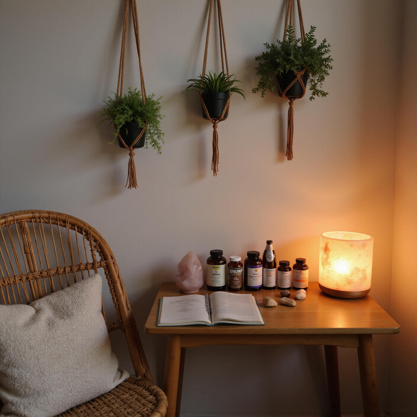 Cozy self-care corner with a rattan chair, wooden side table displaying supplements, wellness journal, and habit tracker, softly lit by a Himalayan salt lamp, accented with macrame plant hangers and crystals.