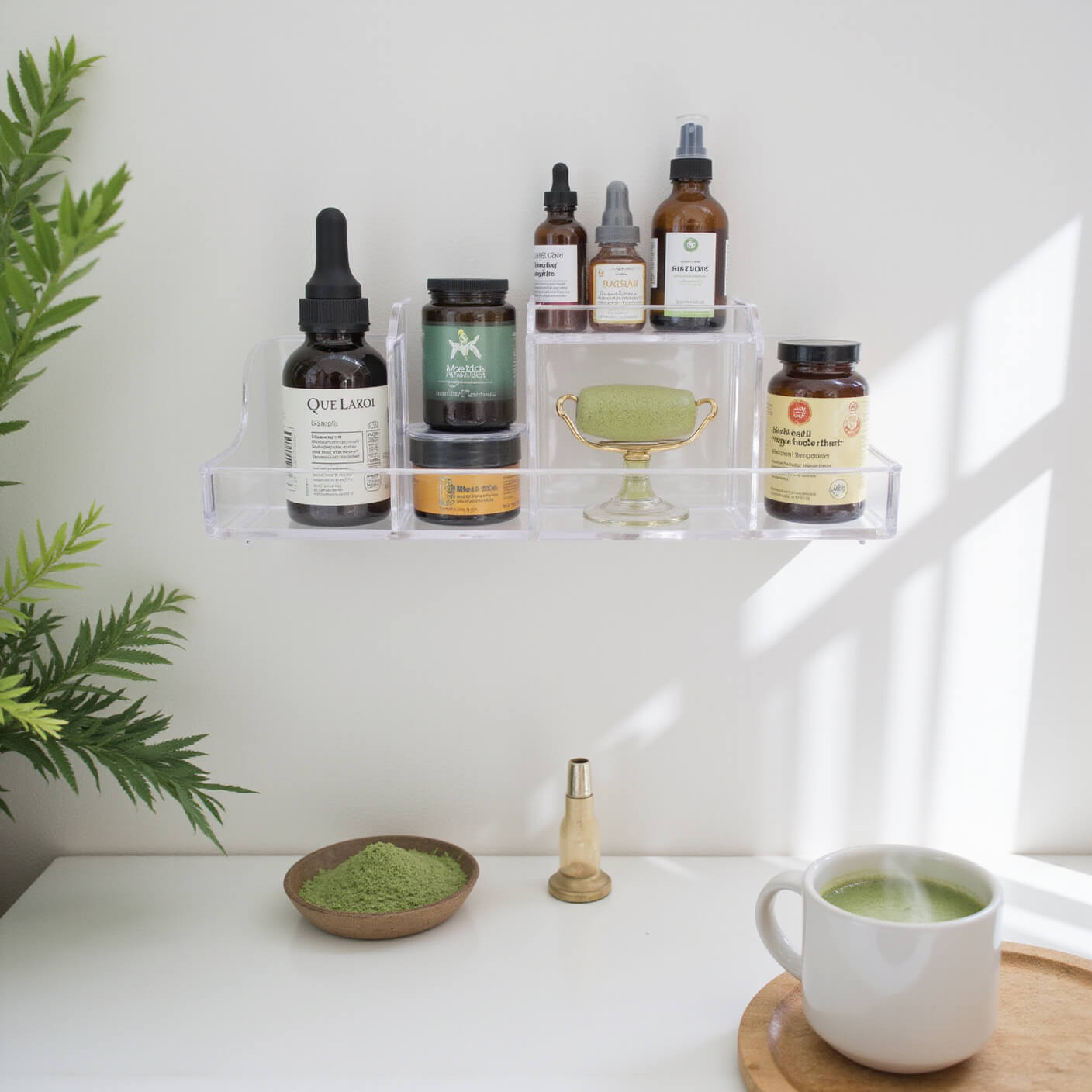 Organized supplements and wellness tools displayed neatly in a bright white bathroom with morning light, a steaming matcha latte, and skincare items arranged for a clean, aesthetic overhead shot.