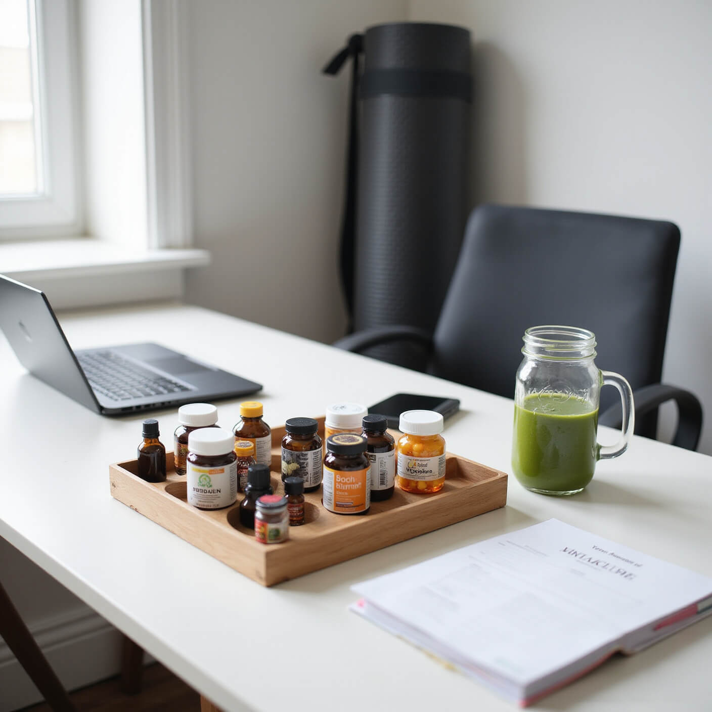 Scandinavian-style home office with a desk organizer holding supplements, a laptop, a wellness planner, a green smoothie in a Mason jar, and a yoga mat in the corner, bathed in soft natural light.