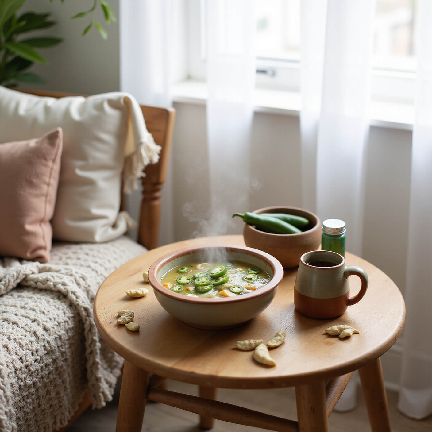 Cozy home wellness corner with a wood table holding a steaming bowl of vegetable soup topped with jalapeños, green tea in a pottery mug, vitamin C supplements, and fresh jalapeños; soft light and earthy textiles create a serene atmosphere.