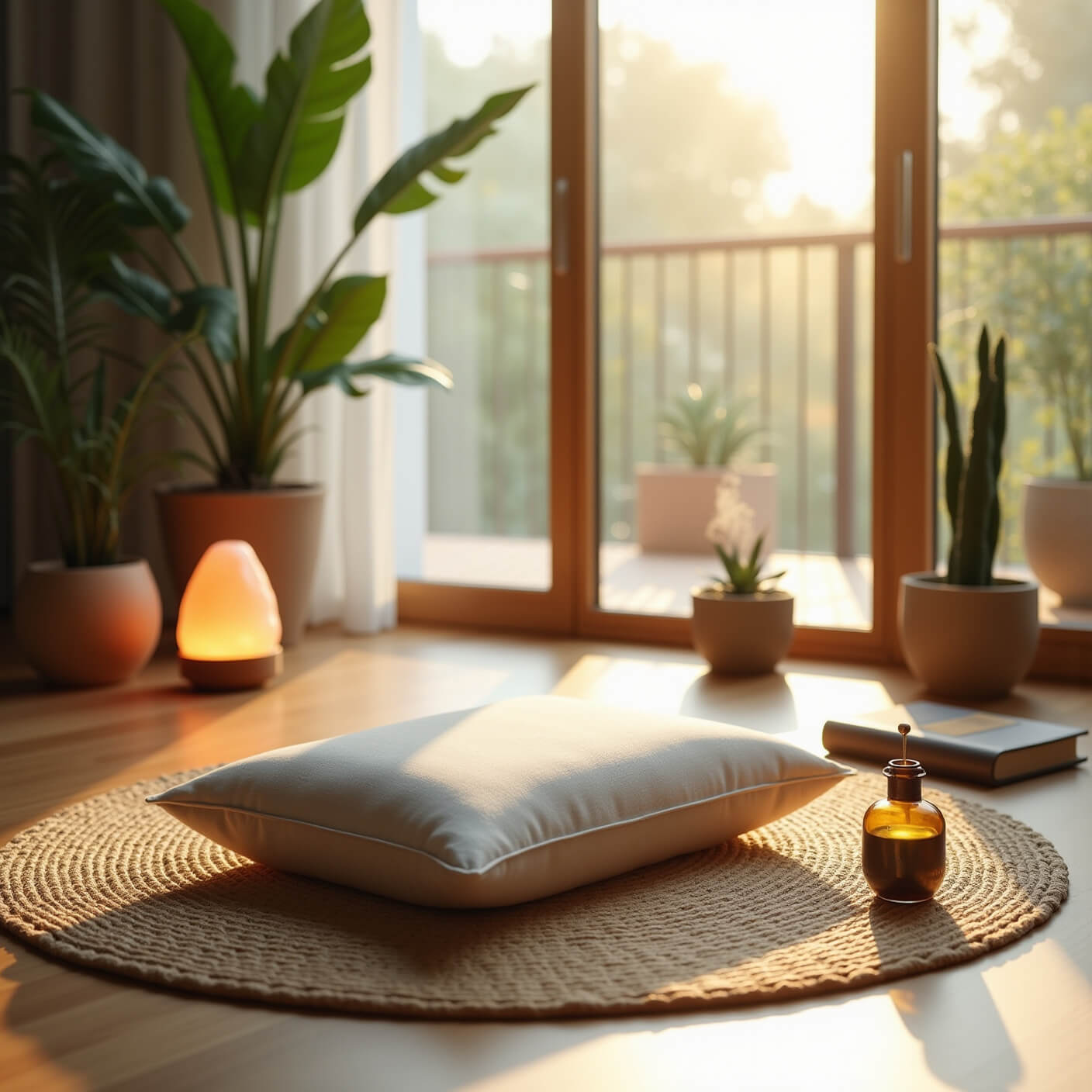 Serene modern meditation space with a linen cushion on a jute rug, surrounded by potted plants, a salt lamp, diffuser, timer, and journal, bathed in soft dawn light.