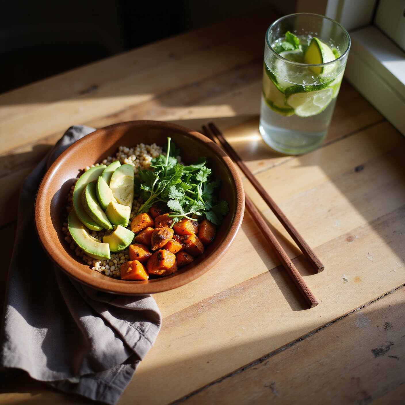 Overhead view of a rustic kitchen table during golden hour, featuring a vibrant Buddha bowl with quinoa, sweet potatoes, avocado, and microgreens, alongside wooden chopsticks, a linen napkin, and a cucumber-infused water, bathed in warm sunlight and dramatic shadows.