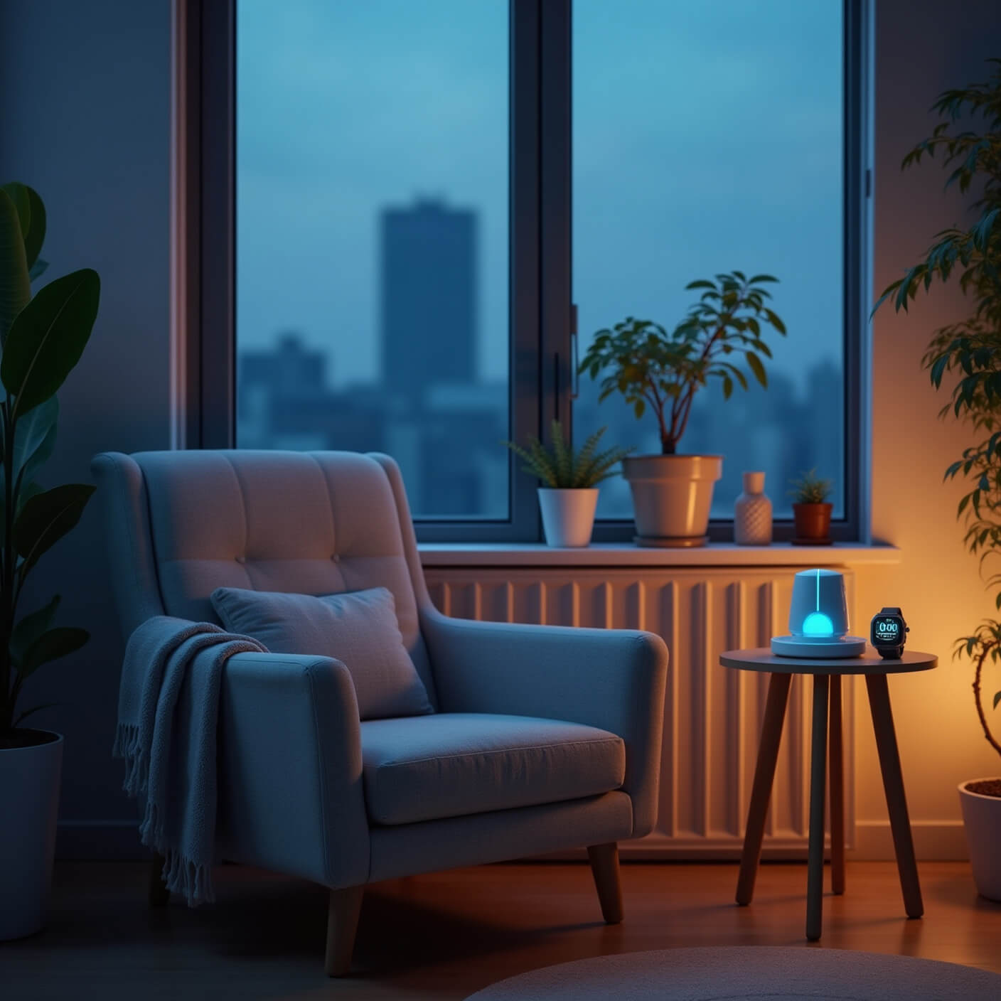 Contemporary home office turned breathwork sanctuary at twilight with grey linen armchair by large window, soft LED lighting, air-purifying plants, white noise machine, and smartwatch showing breathing timer, bathed in moody blue-hour and warm interior light.