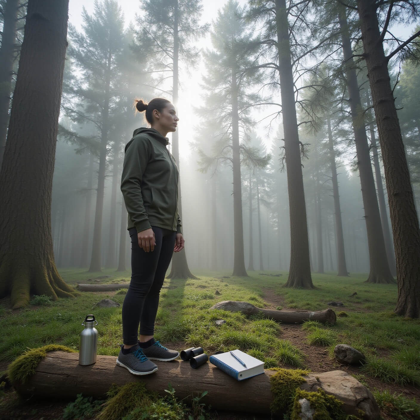 Person in sustainable athleisure practicing 5-senses grounding in misty pine forest, with dewy grass, mossy rocks, and fog; water bottle, journal, and binoculars on fallen log nearby.