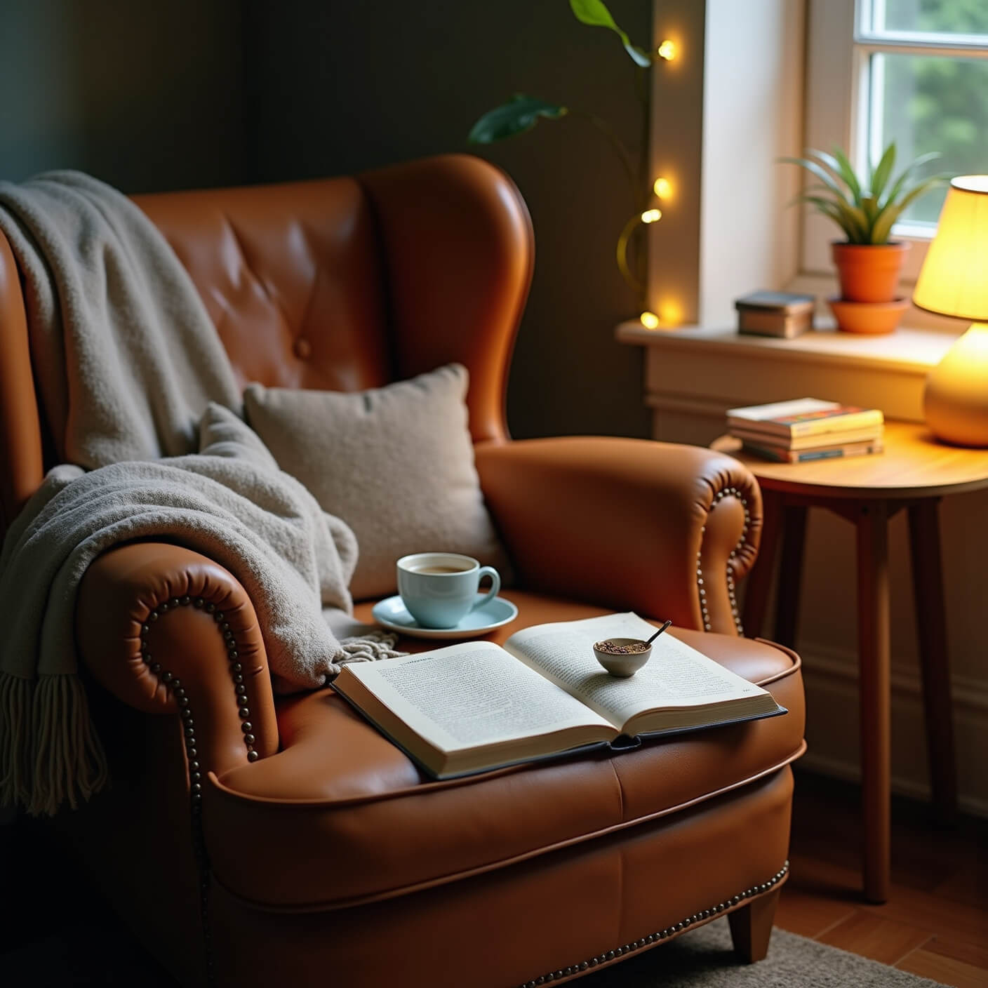 Cozy journaling nook with leather armchair, open journal, pens, herbal tea on wood table, soft throw, mindfulness books, and warm fairy light glow.