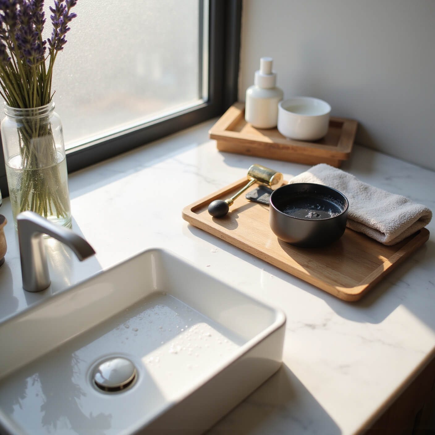 Modern bathroom counter with charcoal face mask, jade roller, bamboo cloths, and lavender in soft morning light.