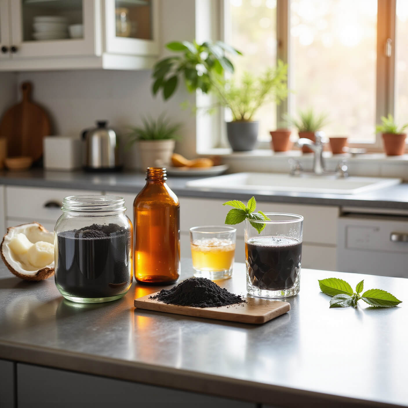 Professional kitchen bathed in golden light, featuring activated charcoal powder, capsules, a charcoal smoothie, and organic ingredients on a stainless steel counter.