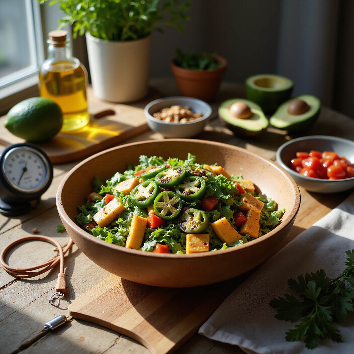 Heart-healthy kitchen scene with a colorful salad in a wooden bowl topped with grilled jalapeños, surrounded by olive oil, avocados, nuts, fresh herbs, a blood pressure monitor, and wellness journal under warm evening light.