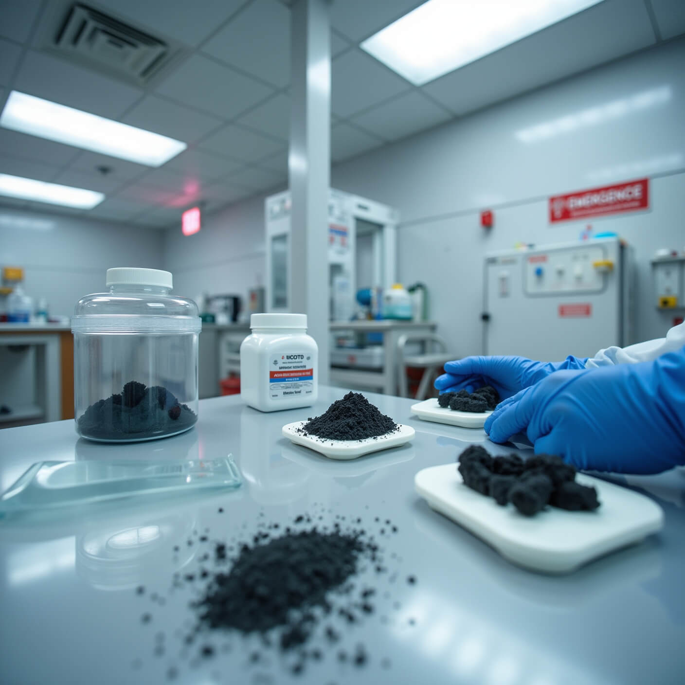 Activated charcoal medical preparations in sterile white examination room with organized supplies, precise tools, and emergency references under cool LED lighting.