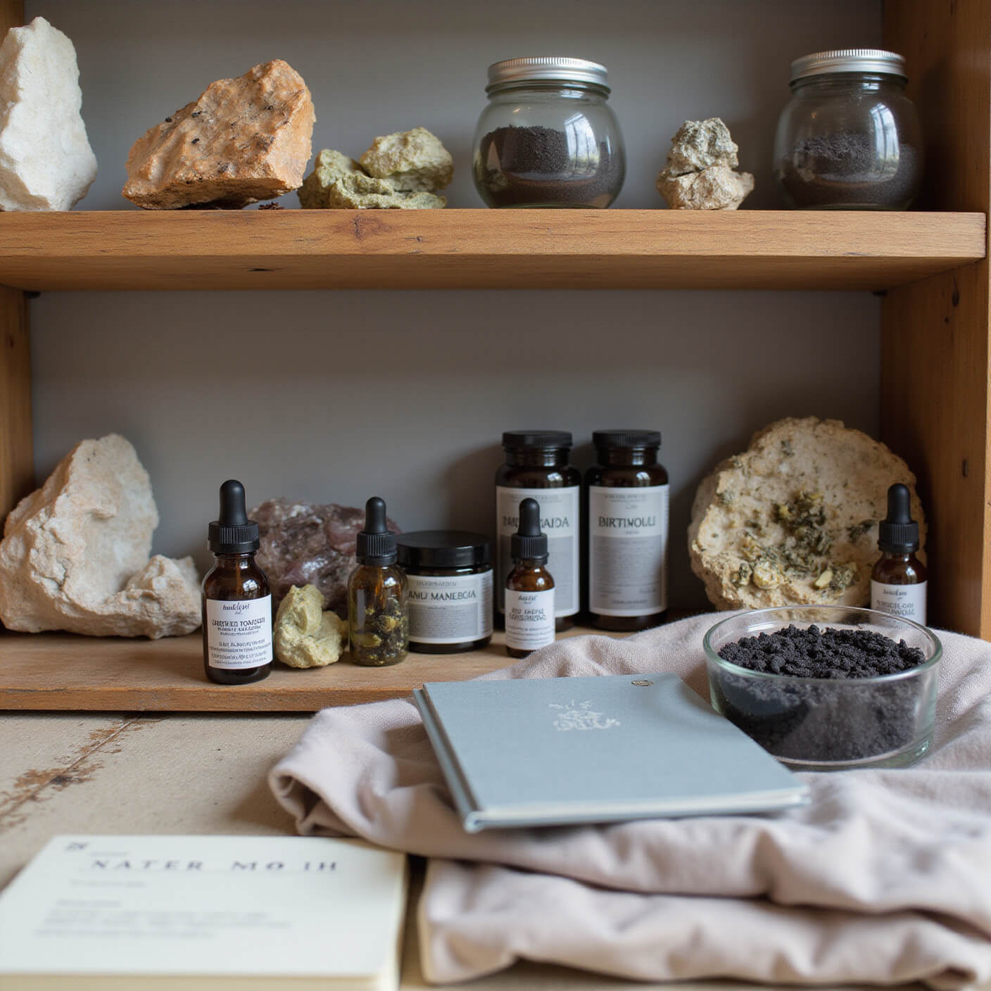 Activated charcoal wellness products displayed on raw wooden shelves with healing crystals, dried herbs, and essential oils, softly lit in a serene natural setting.