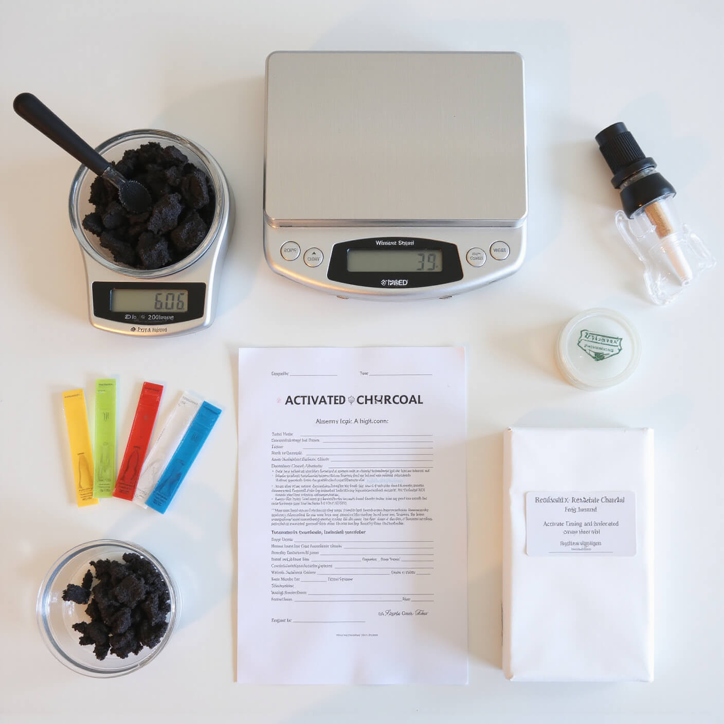 Modern laboratory workspace with scientific instruments, pH strips, magnifying tools, digital scales, and documentation for activated charcoal testing, shown under bright, even lighting.